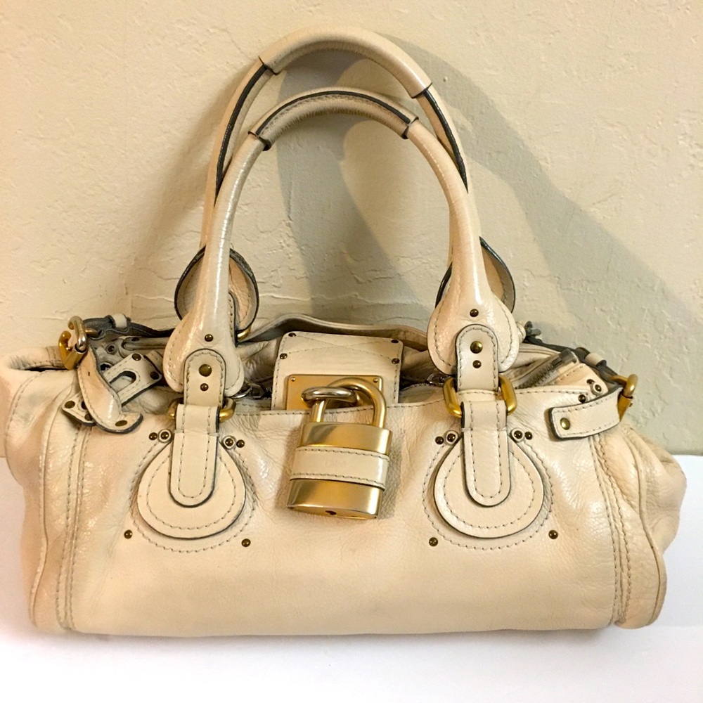 Vintage Chloe Paddington Leather Handbag Cream Gold Classic Shoulder Purse